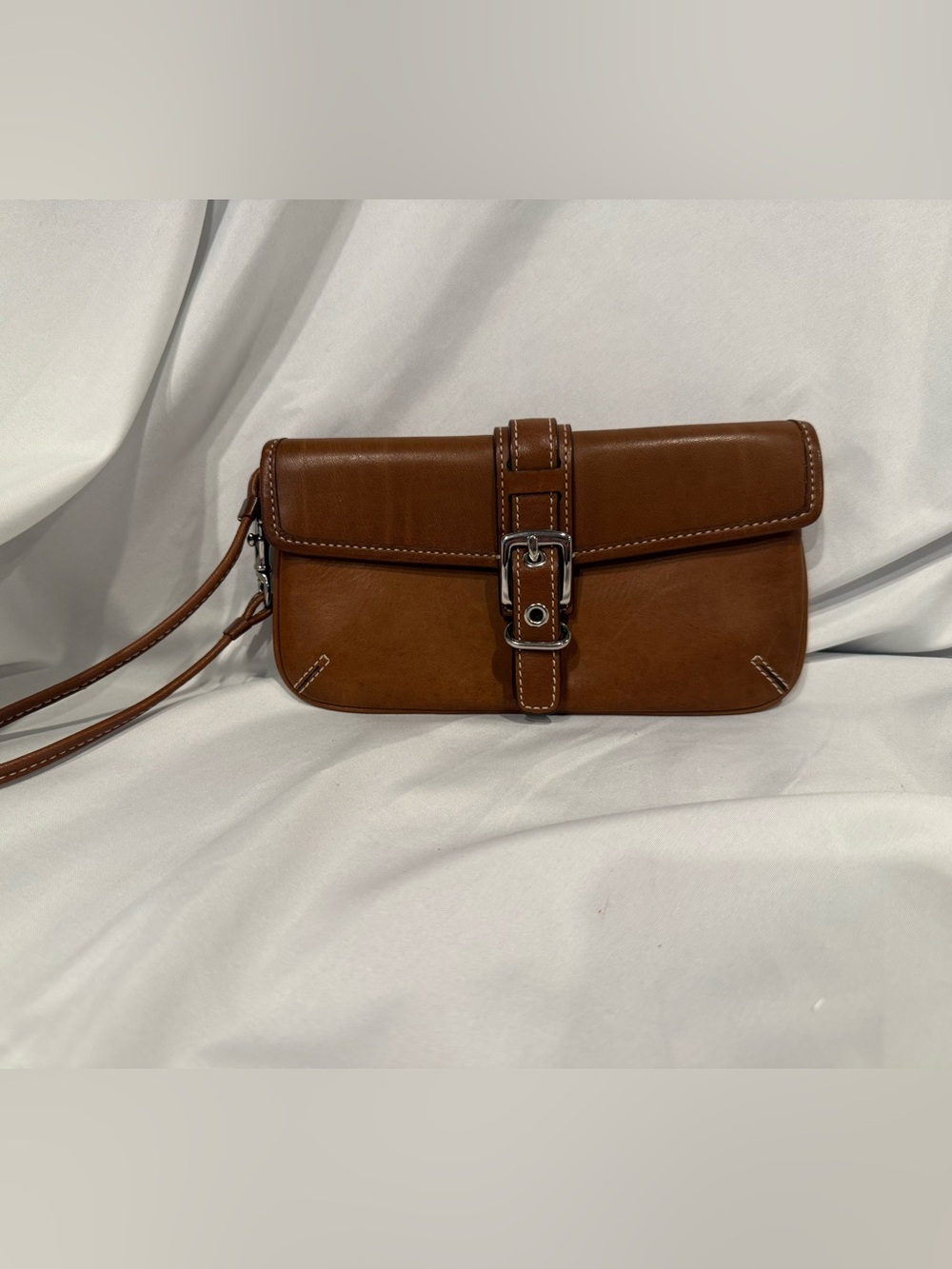COACH Brown Leather Wristlet Clutch Purse Silver Buckle Detachable Strap